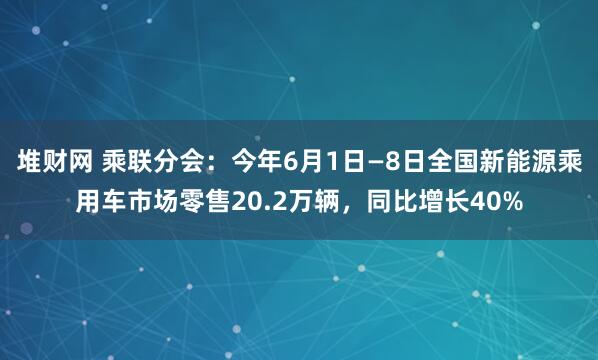 堆财网 乘联分会：今年6月1日—8日全国新能源乘用车市场零售20.2万辆，同比增长40%